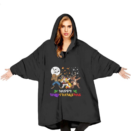 Happy Hallothanksmas Dabbing werewolf Unicorn Deer Blanket Hoodies