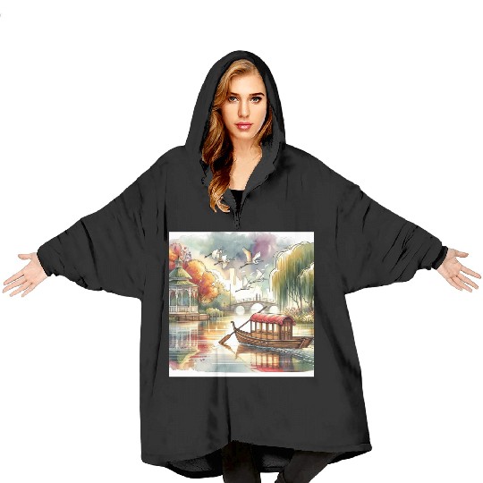 Serene Autumn Lake Scene with Swans and Bridge Blanket Hoodies