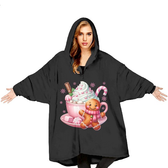Whimsical Holiday Hot Chocolate Scene Blanket Hoodies