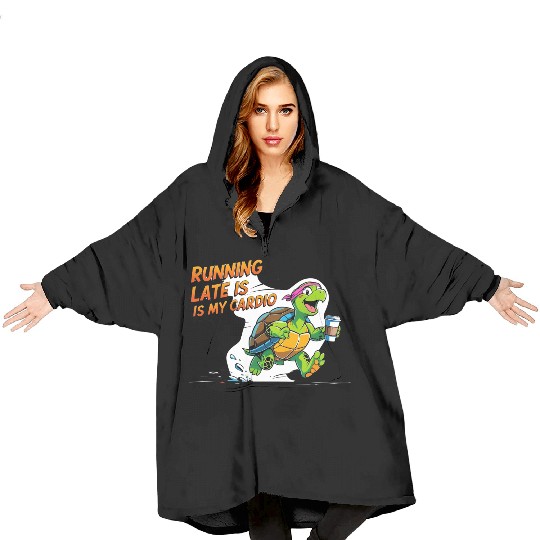 Turtle Running Late with Coffee Blanket Hoodies