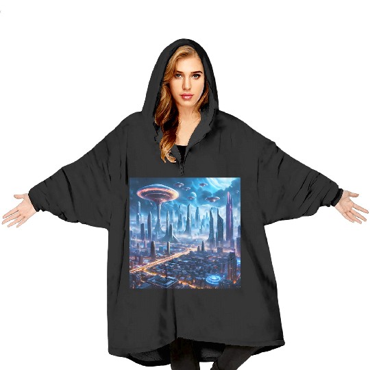 Cyberpunk World Cityscape with Alien Ufo Skies Blanket Hoodies