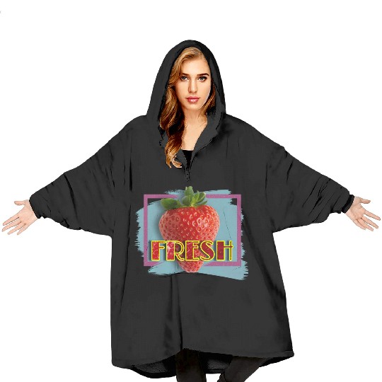 Vivid Strawberry with Fresh Text Blanket Hoodies