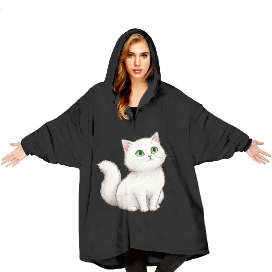 Elegant White Cat with Green Eyes Blanket Hoodies