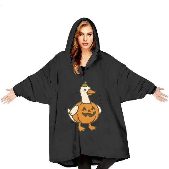 Spooky Halloween Duck in Pumpkin Costume Blanket Hoodies