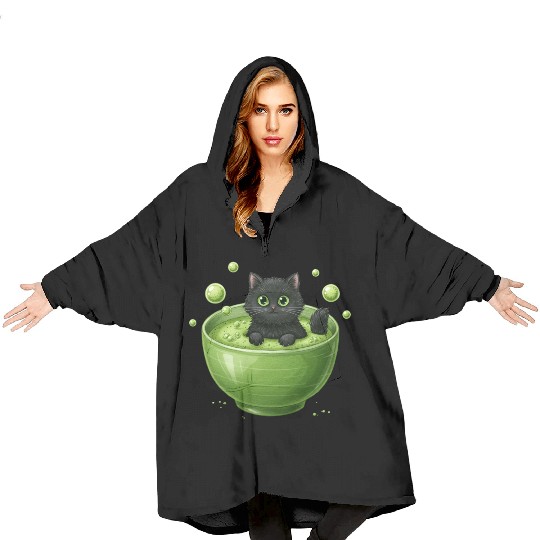 Black Cat in Green Tea Bubble Bath Blanket Hoodies