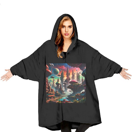 Future Alien Cityscape Ufo Different Planet View Blanket Hoodies