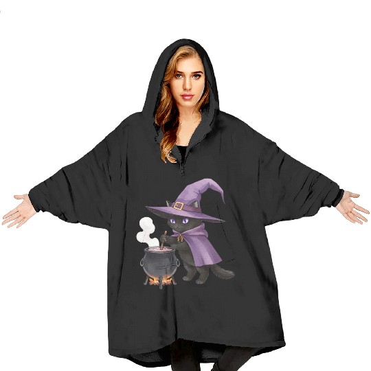Enchanted Black Cat Witch Illustration Blanket Hoodies