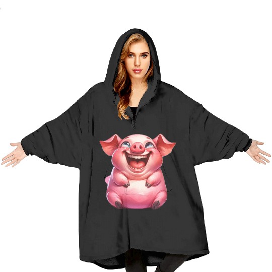 Joyful Cartoon Pig Illustration Blanket Hoodies