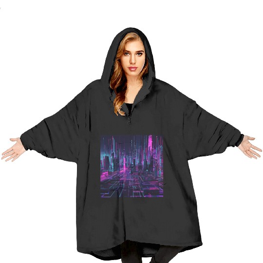 Neon Cyberpunk Futuristic Cityscape Art Blanket Hoodies