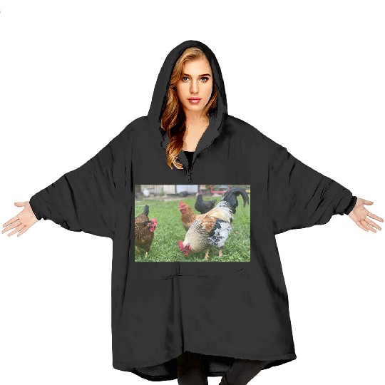 Farmyard Rooster and Chickens Illustration Blanket Hoodies