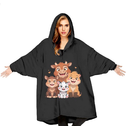 "Cute Farm Animal Friends – Cartoon Cow, Tiger, Li Blanket Hoodies