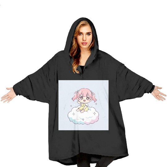 Cute Chibi Girl on Cloud Illustration Blanket Hoodies