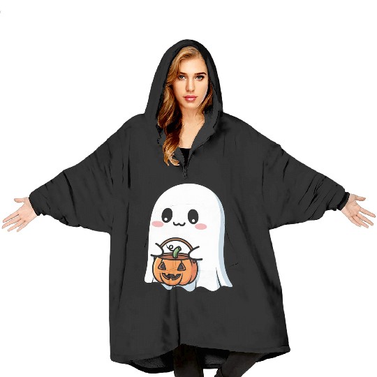 Cute Ghost with Pumpkin Blanket Hoodies