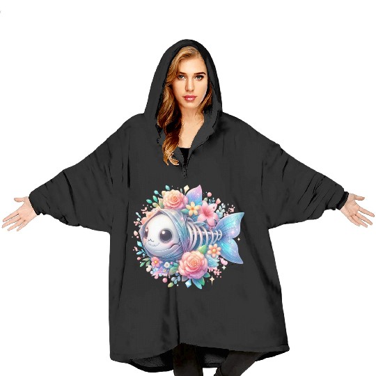 Whimsical Fish Skeleton with Floral Accents Blanket Hoodies