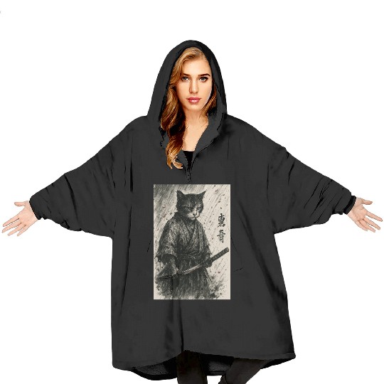 Samurai Cat Warrior Vintage Japanese Art Design Blanket Hoodies