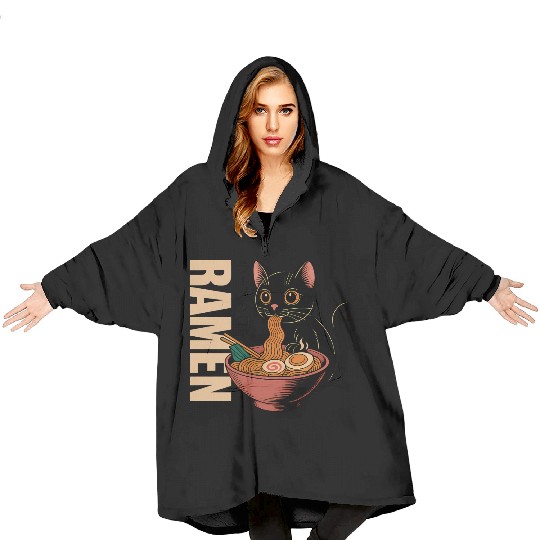 Black Cat Ramen Illustration Blanket Hoodies