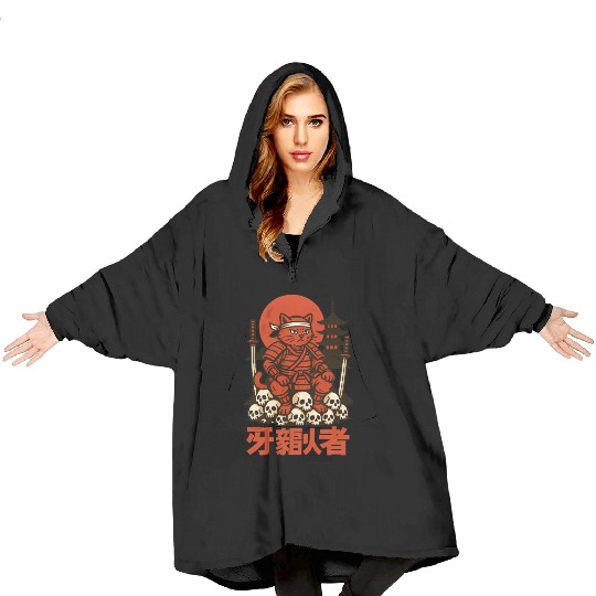 Samurai Cat with Skulls and Pagoda Blanket Hoodies