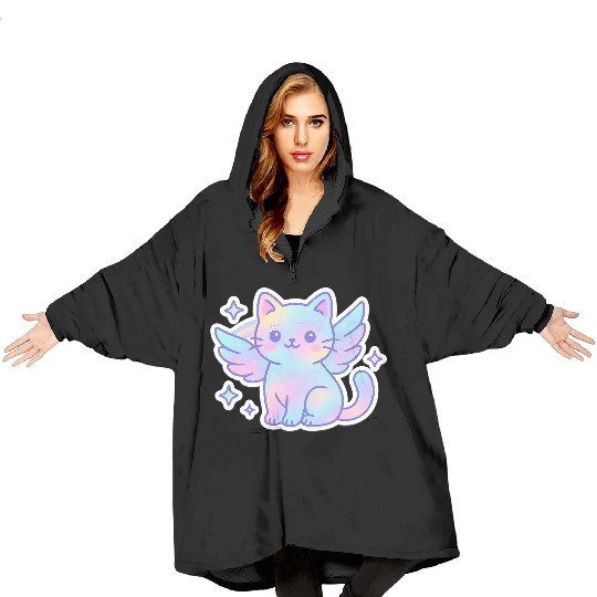 Celestial Winged Cat Illustration Blanket Hoodies