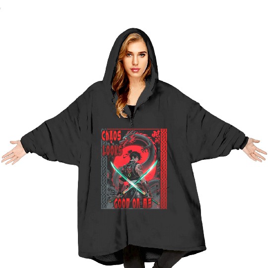 Cyberpunk Samurai with Dragon Blanket Hoodies