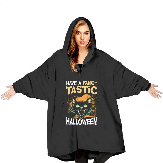 Have A Fangtastic Halloween Black Cat Spooky Night Blanket Hoodies
