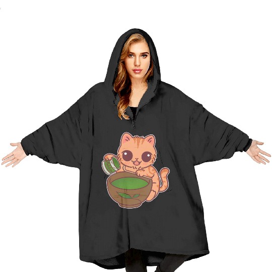 Kawaii Cat Barista Making Matcha Tea Blanket Hoodies
