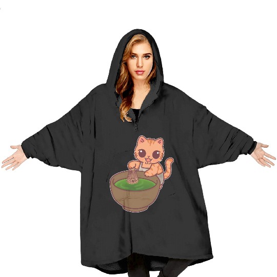 Kawaii Cat Matcha Barista Whisking Tea Blanket Hoodies