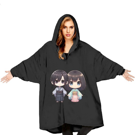 Chibi Kawaii Traditional Kimono Duo Blanket Hoodies