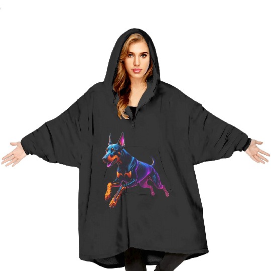 Neon Doberman Running Illustration Blanket Hoodies