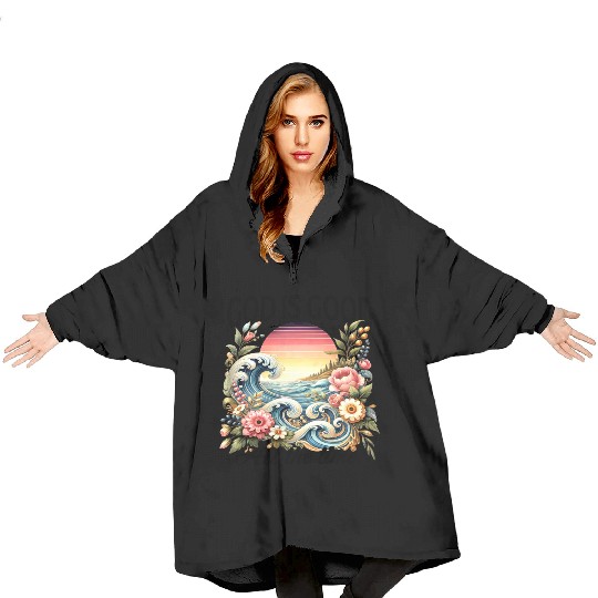 Elegant Wave and Floral Sunset Scene - GOD IS GOOD Blanket Hoodies