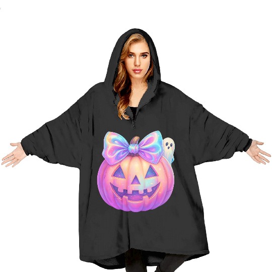 Glowing Halloween Pumpkin with Iridescent Bow Blanket Hoodies