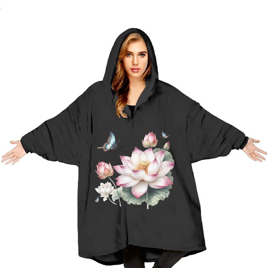 Light Pink Lotus and Butterflies  Blanket Hoodies