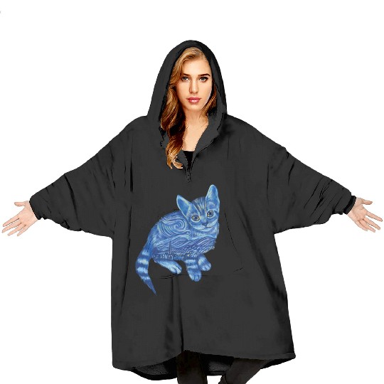 Blue Van Gogh Starry Night Bengal Cat Illustration Blanket Hoodies