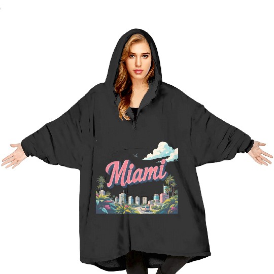 Vibrant Miami Skyline with Tropical Flair Blanket Hoodies
