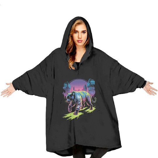 Cyber Panther Night Stride Synthwave Streetwear Blanket Hoodies