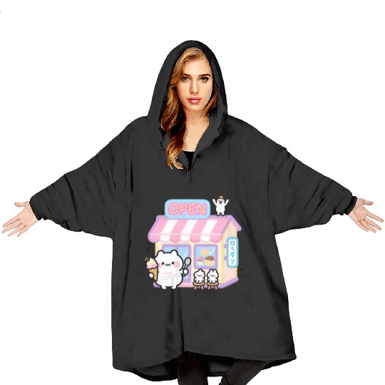 Kawaii Cat Ice Cream Shop Illustration Blanket Hoodies