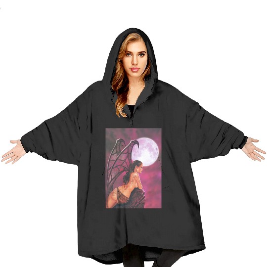 Mystic Moonlit Bat-Winged Woman Blanket Hoodies