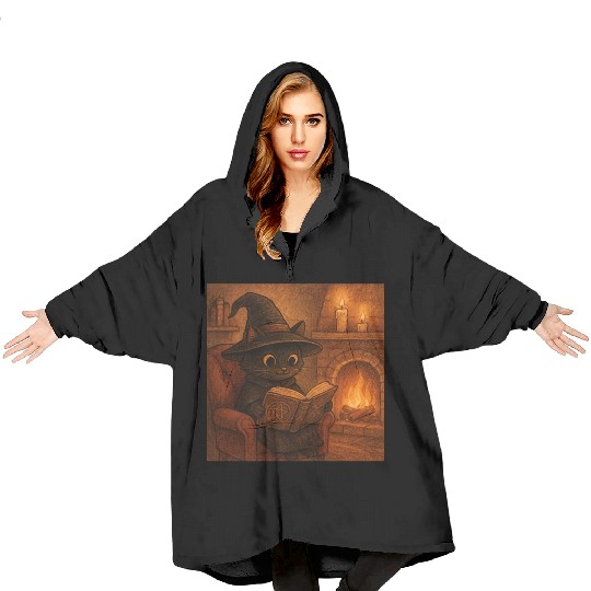 Enchanted Cat Witch by the Fireplace Blanket Hoodies