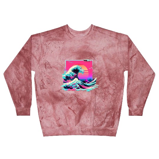 Vaperwave Aesthetic Glitch Great Wave Retrowave Sy Blast Sweatshirts