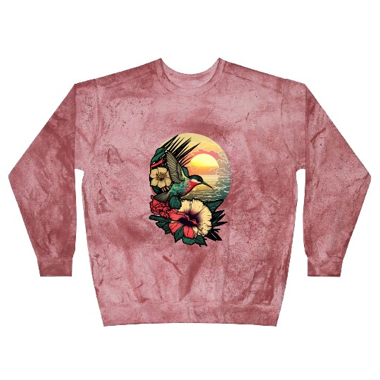 Hummingbird flies over hibiscus flower Tropical Blast Sweatshirts