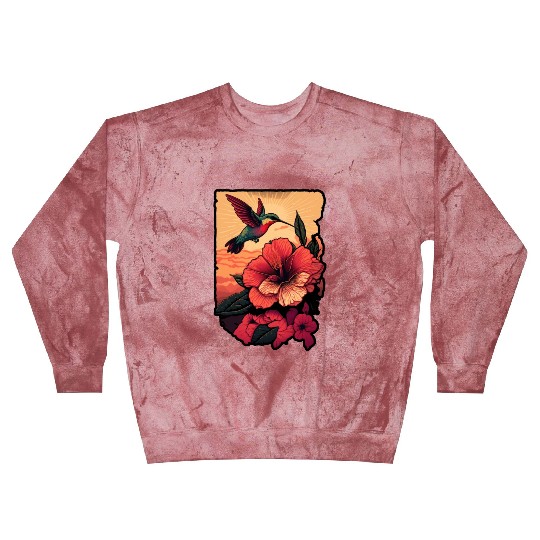 Hummingbird flies over hibiscus flower Tropical Blast Sweatshirts