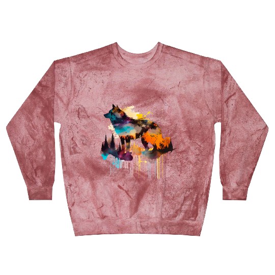 Mountain Wolf Multicolor Watercolor Portrait Blast Sweatshirts