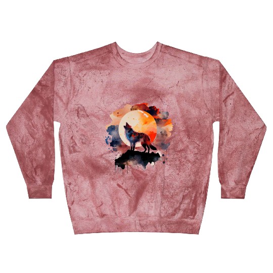 Wolf Howling at Moon Watercolor Blast Sweatshirts