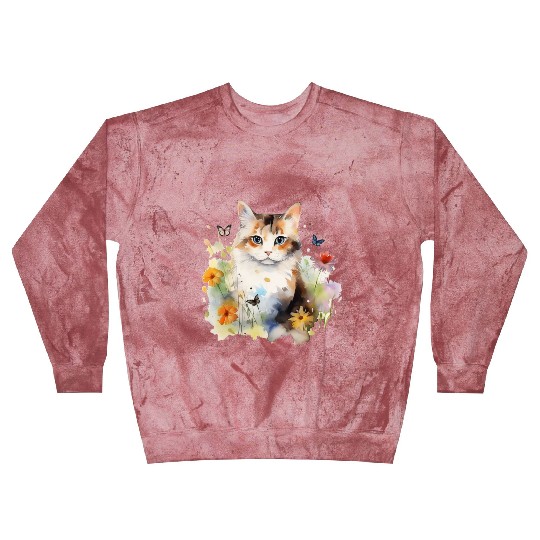 Watercolor Cat Flowers & Butterflies Blast Sweatshirts