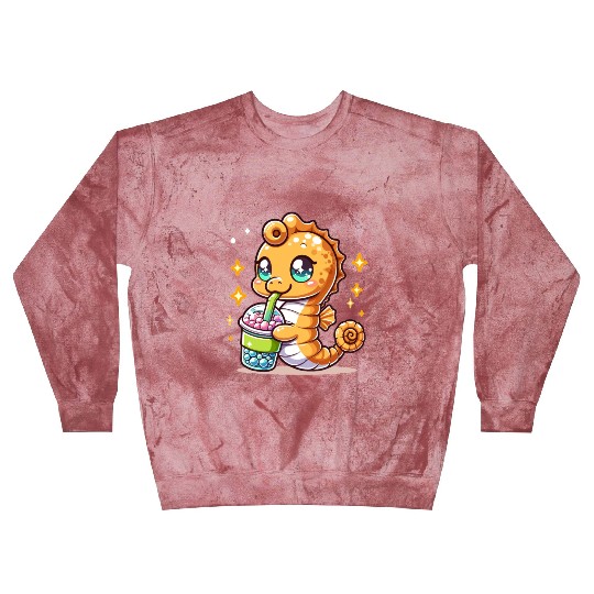 Kawaii Sea Horse Enjoys Bubble Tea Sea Animal Boba Blast Sweatshirts