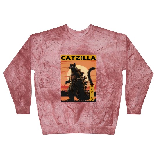 Catzilla Vintage Funny Cute Cat Art Japanese Sunse Blast Sweatshirts