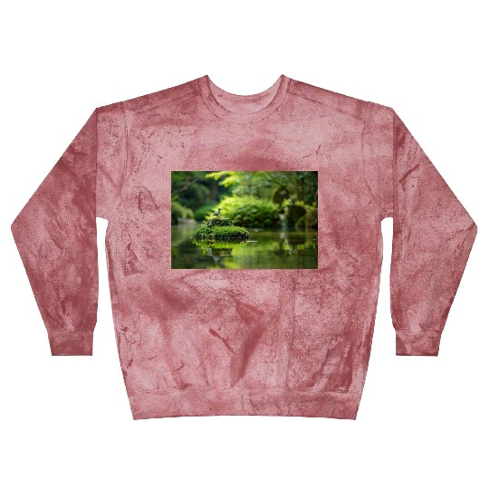 Serene Pond with Bird on Mossy Rock Blast Sweatshirts