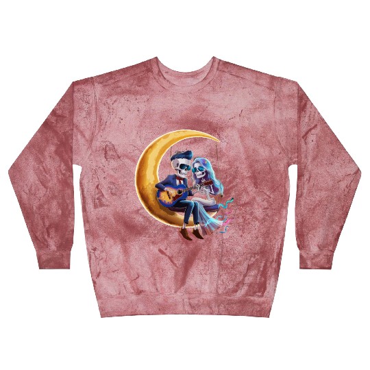 Skeleton Playing Guitar with Girlfriend on Moon Blast Sweatshirts