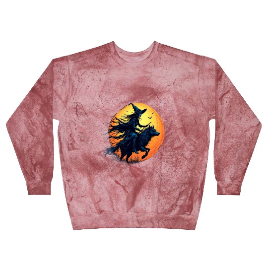 Halloween Witch Riding a Wolf Under Full Moon Blast Sweatshirts