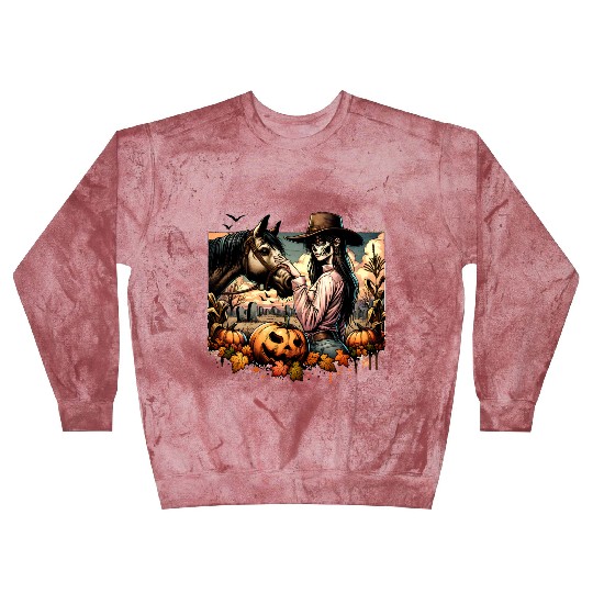 Haunting Cowgirl and Horse in Halloween Graveyard Blast Sweatshirts
