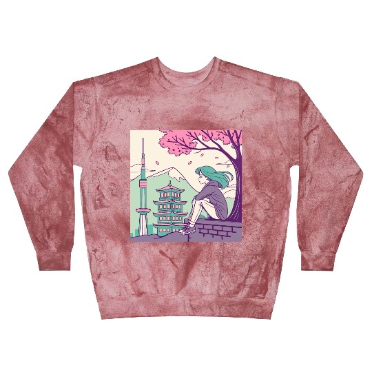 "Peaceful Anime Vibes: Girl Relaxing with Sakura Blast Sweatshirts